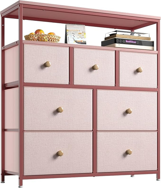 EnHomee Dresser for Bedroom with 7 Drawers and 2 Shelves,Tv Stand for Bedroom,Pink Dresser for Closet,Hallway,Entryway,Dormitory,Dorm Storage