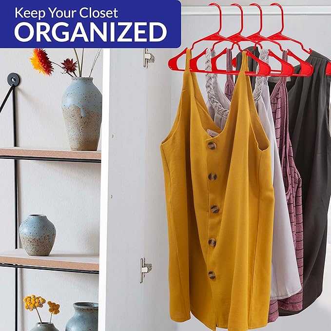 Royale Linens 20 Pack Red Plastic Hangers for Clothes - Heavy Duty Clothes Hanger for Everyday Use - Lightweight & Space Saving Notched Plastic Hangers