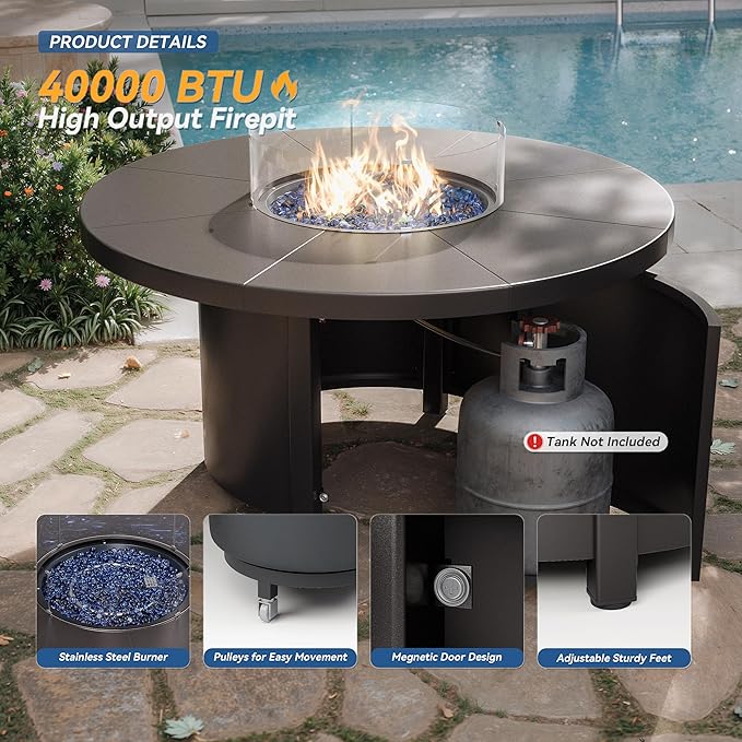 Kurapika 5 Pieces Patio Furniture Set, Rattan Wicker Outdoor Conversation Sets, 4 Woven Rattan Swivel Chairs w/48in Propane Fire Pit Table and Thickened Cushions, Sand