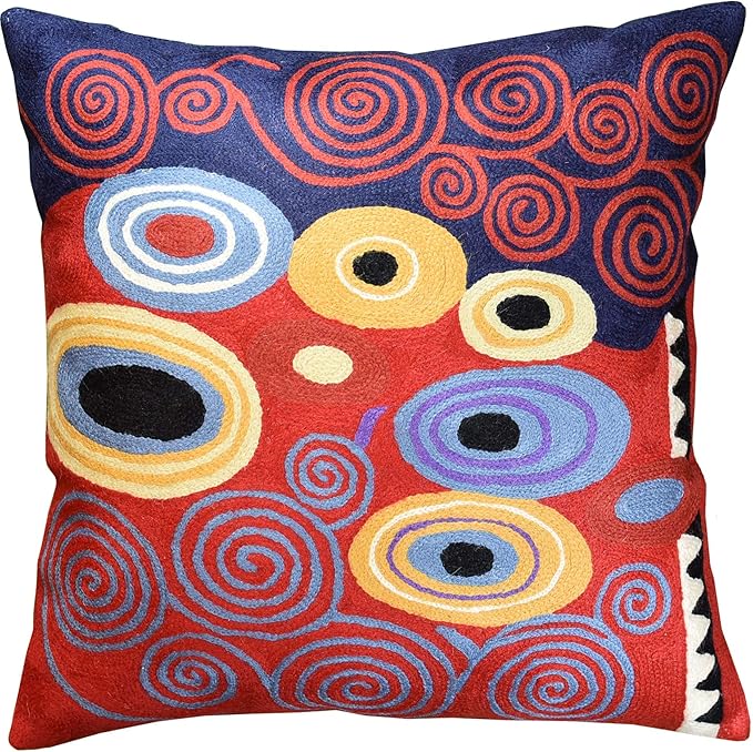 Klimt Red Throw Pillow Cover Reds Navy Modern Accent Pillowcase Decorative Abstract Throw Pillows Modern Boho Pillow Farmhouse Chair Cushions Hand Embroidered Sofa Cushion Wool Size 18x18