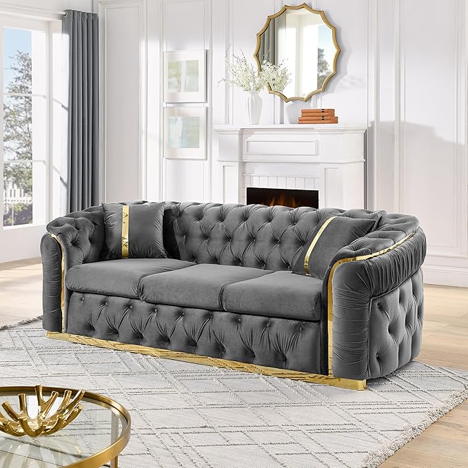 KEIKI 91" Luxury Oversized Velvet Chesterfield Sofa with Gold Stainless Steel Accents and 2 Pillows, Mid-Century Style 3-Seater Button Tufted Couch, Easy Assembly, for Apartment, Living Room, Gray