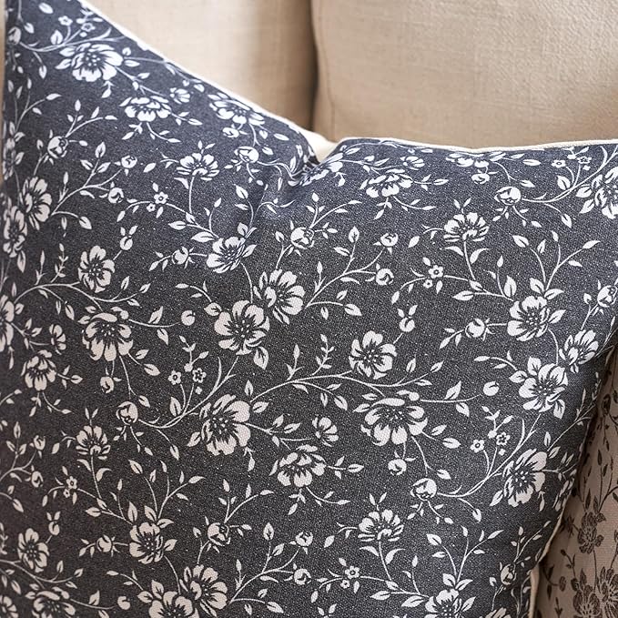 Alerfa Set of 2 Floral Lumbar Pillow Covers 12x20, Vintage Block Print Throw Pillow Covers Decorative Farmhouse Accent Couch Pillows for Living Room Bedroom, Black