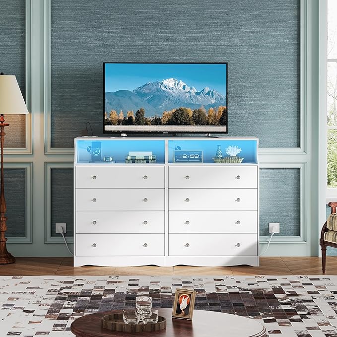 WLIVE White LED Dresser for Bedroom, Tall Wood Dresser with 4 Drawers and Open Shelf, Chest of Drawers with Charging Station and LED Lights for Living Room, Hallway, Closet