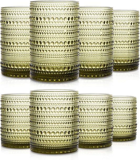 Set of 8 Hobnail Drinking Glasses Vintage Green Glassware - 4 Highball Glasses 14 oz, 4 Rocks Glass Cup 11 oz, Embossed Old Fashioned Glassware for Water, Wine, Beer, Juice, Mixed Drinkware