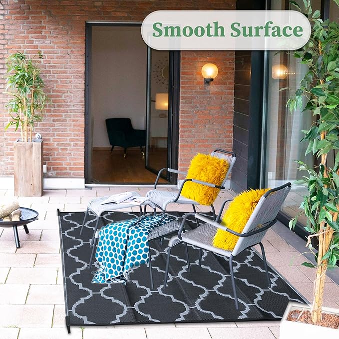 Ogrmar 9x12 FT Reversible Mats, Outdoor Rug for Patio Clearance, Waterproof Carpet, Plastic Straw Rug for Indoor Outdoor, Floor Mat&Rug for RV Porch Camping Backyard Deck Balcony Beach Trailer (Black)