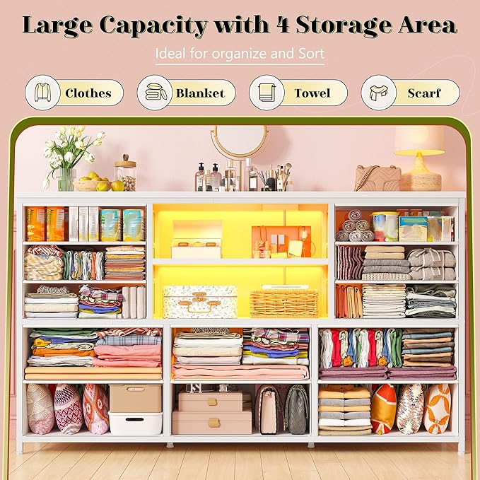 EnHomee White Dresser for Bedroom with 12 Drawers, Fabric Bedroom Dresser with LED Lights & Power Outlets Long Dressers & Chest of Drawers, Sturdy Metal Frame for Closet, Living Room, Hallway