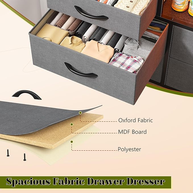 Dresser for Bedroom with LED Lights & Power Outlets 12 Drawers Dresser TV Stand for 60''TV Fabric Dressers & Chest of Drawers, Sturdy Metal Frame, Closet, Living Room, Grey, 49.2''W*11.8''D*35.4''H