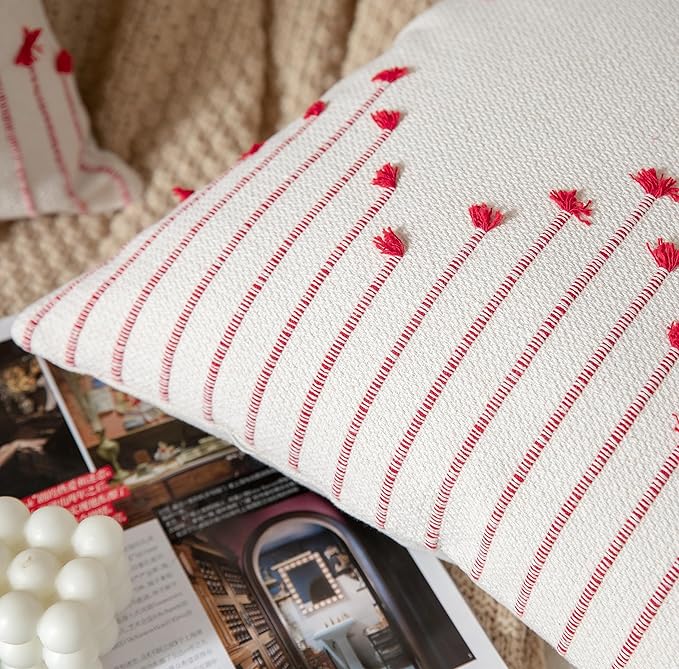Caflife Boho Christmas Throw Pillow Covers 18x18 Set of 2, Holiday Christmas Decorative Pillow Covers Beige with Red Line for Modern Farmhouse Couch Sofa Bedroom Living Room Outdoor