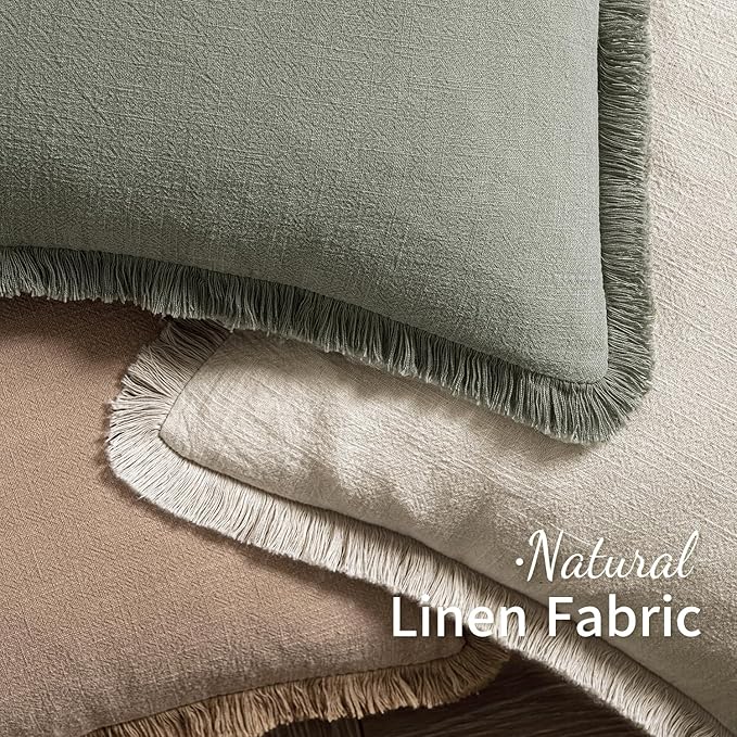 MIULEE Decorative Throw Pillow Covers Neutral Linen Fringe Throw Pillows Euro Shams Set of 2 Natural Beige Boho Farmhouse Cushion Covers for Couch Sofa Bed Living Room Spring Home Decor 26x26 Inch