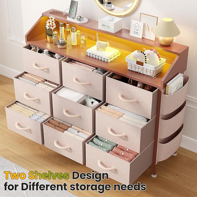 Lulive Dresser TV Stand for Bedroom with 9 Drawers - Chest of Drawers with LED Light & Charging Station - Living Room Hallway Closet Nursery (Pink)
