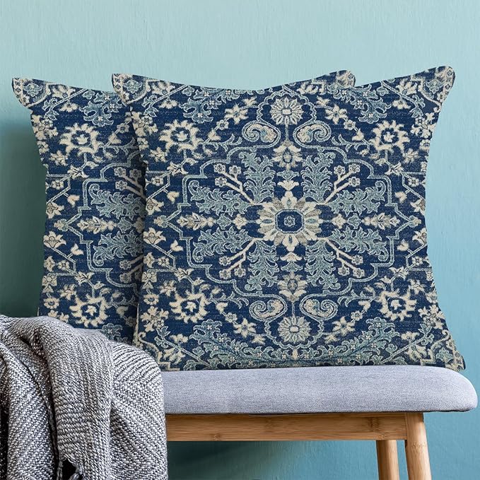 Blue White Boho Pillow Covers 20x20 Set of 2, Carpet Design Decorative Boho Throw Pillows Linen Farmhouse Bohemian Cushion Pillow Covers for Sofa Couch Outdoor Decor