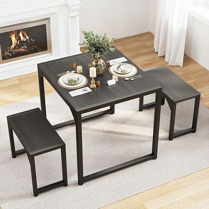 Gizoon Dining Table Set for 2, Kitchen Table Set for 2 with Steel Frame, Kitchen Table with 2 Benches for Small Space, Space Saving Design for Restaurant, Living Room, Black
