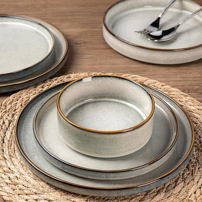GBHOME Ceramic Dinnerware Sets for 6, 18 Pieces Stoneware Plates and Bowls Sets, Reactive Glaze Stackable Dish Set -Scratch Resistant, Dishwasher&Microwave Safe