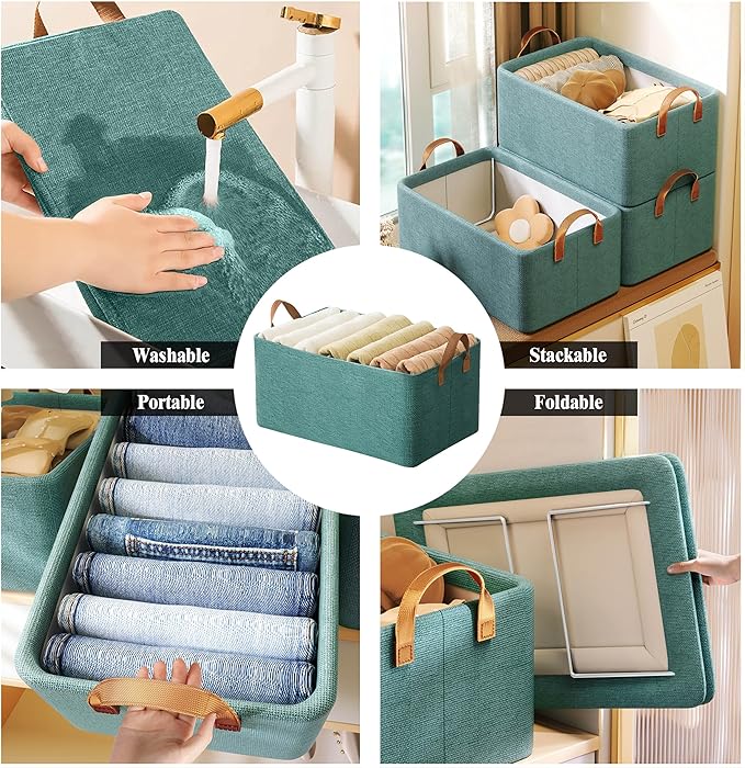 AARAINBOW 4 Pcs Closet Clothes Organizer with Handle, Fabric storage Box with Steel Frame Stackable Shelf Storage Baskets Foldable Storage Baskets for Organizing clothes Toys, 23L (4 Green)