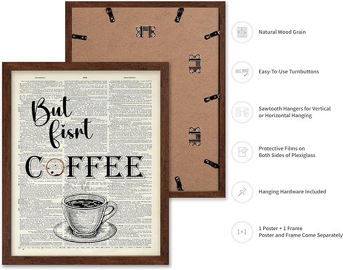 Poster Master Dictionary Art Poster - But First Coffee Print - Cafe Art - Gift for Men, Women, Coffee Lovers & Barista - Funny Decor for Kitchen, Restaurant or Dining Room, 11x14 Brown Framed
