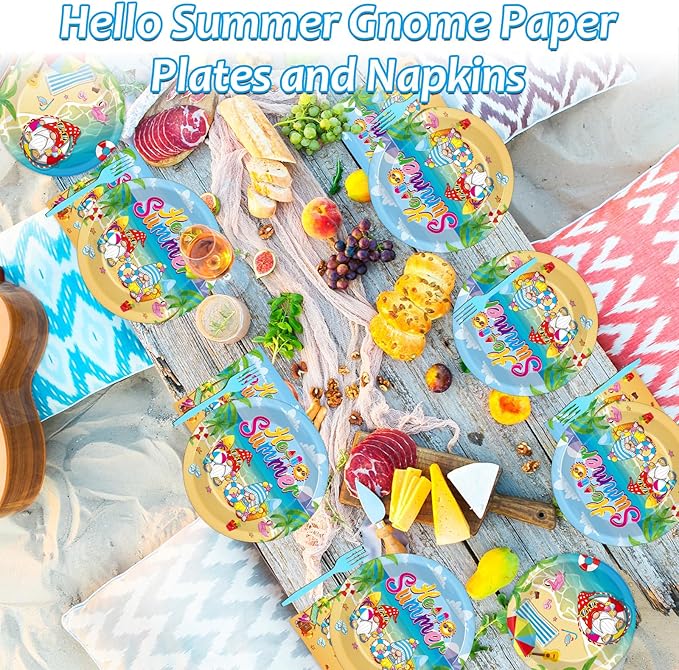 96 Pcs Hello Summer Beach Party Plates Napkins Tableware Set End of School Year Pool Party Birthday Supplies Disposable Dinnerware School's Out Gnome Themed Decoration Favors for Kids, 24 Guests