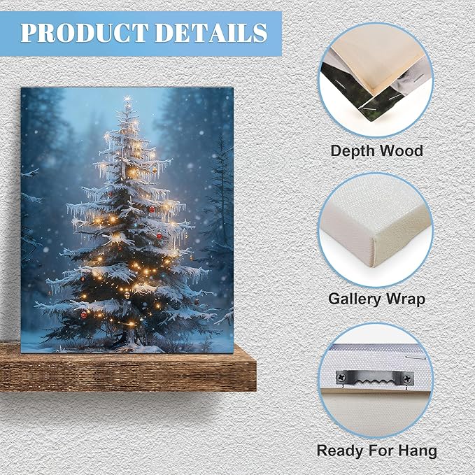 Framed Christmas Pictures Wall Decor,Vintage Pine Tree Prints,Winter Christmas Canvas Wall Art Decoration for Bedroom Bathroom Living Room Rustic Xmas Holiday Gifts (Christmas Tree 15, 12'' X 16'')