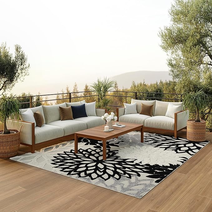 Nourison Aloha Indoor/Outdoor Black White 7' x 10' Area Rug, Tropical, Botanical, Easy Cleaning, Non Shedding, Bed Room, Living Room, Dining Room, Deck, Backyard, Patio (7x10)
