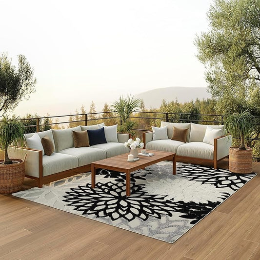 Nourison Aloha Indoor/Outdoor Black White 6' x 9' Area Rug, Tropical, Botanical, Easy Cleaning, Non Shedding, Bed Room, Living Room, Dining Room, Deck, Backyard, Patio (6x9)