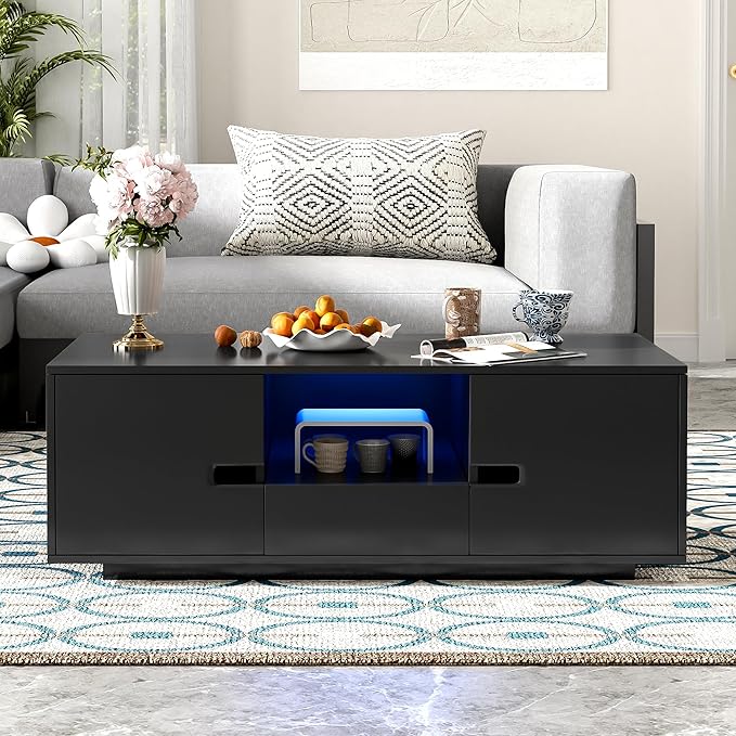 Modern High Gloss LED Coffee Table 47.2-Inch Wooden Center Cocktail Table with Storage & 16 Colors LED Light for Living Room, Black