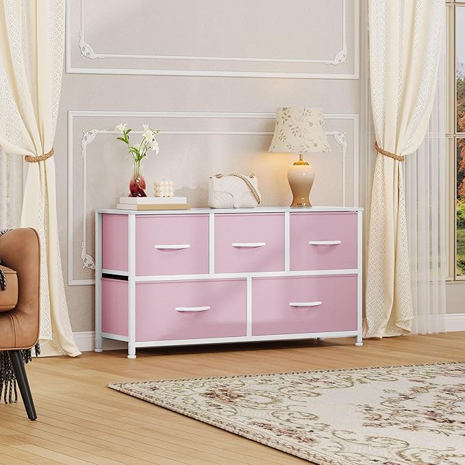 DWVO Dresser for Bedroom with 5 Drawers - Fabric Storage Tower, Long Fabric Dresser, Organizer Unit for Bedroom, Closet, Hallway
