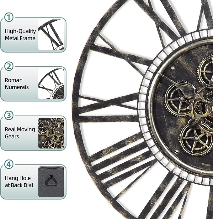 Moving Gear Large Wall Clock 30inch/76cm Bronze, Decorative Wall Clocks for Living Room, Unique Farmhouse Steampunk Metal Wall Clock Decor, Office Wall Clocks