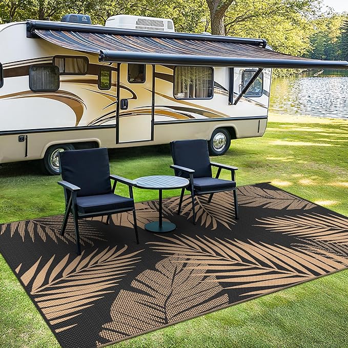Outdoor Rug 8’x10’ Waterproof for Patio Clearance, Reversible Indoor Outdoor Plastic Straw Camping Rug Carpet, RV Mat, Large Area Rug for Deck, Backyard, Balcony, Porch, Beach, Black & Brown