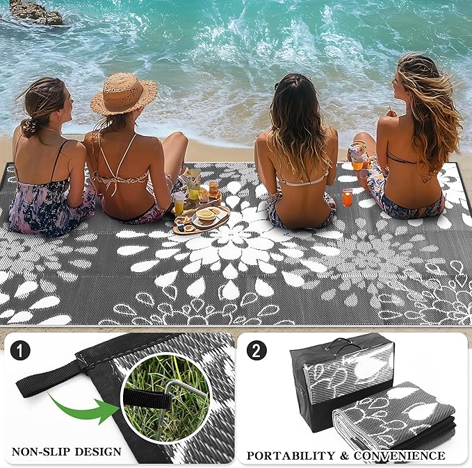 Wallona Outdoor Rugs 8x10 ft Patio Waterproof Clearance Indoor Outdoor Large Carpet for Patio Plastic Straw Reversible Area Rugs Mat for RV, Camping, Balcony, Beach, Picnic, Porch, Flower Grey & White