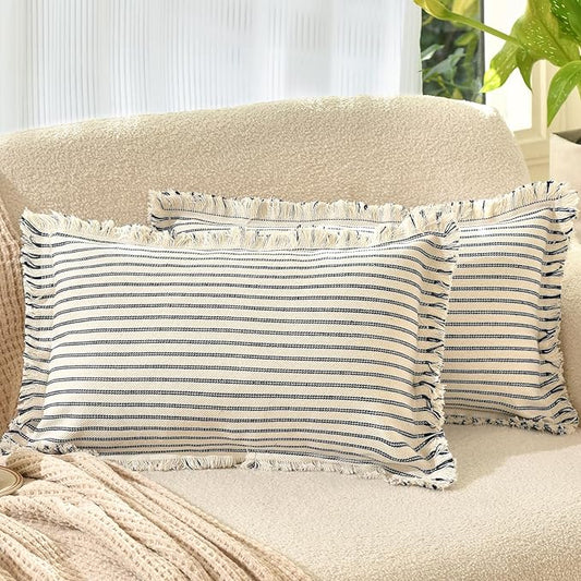 ZWJD Throw Pillow Covers 12x20 Set of 2 Striped Pillow Covers with Fringe Chic Cotton Decorative Pillows Square Cushion Covers for Sofa Couch Bed Living Room Farmhouse Decor