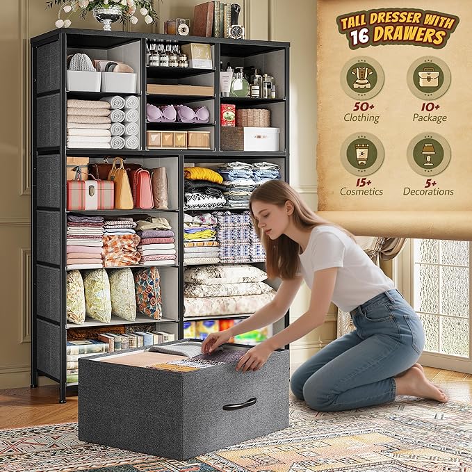 57“H Tall Dresser for Bedroom with 16 Drawers,Fabric Dressers & Chests of Drawers for Bedroom,Large Dresser for Closet,Sturdy Metal Frame & Wood Top,Entryway, Hallway(Grey)