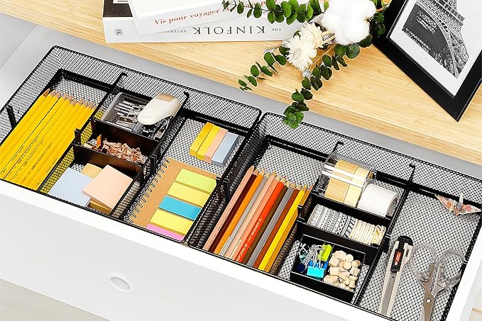 CAXXA Mesh 3 Slot Desk Drawer Organizer with Four Adjustable Dividers - Black