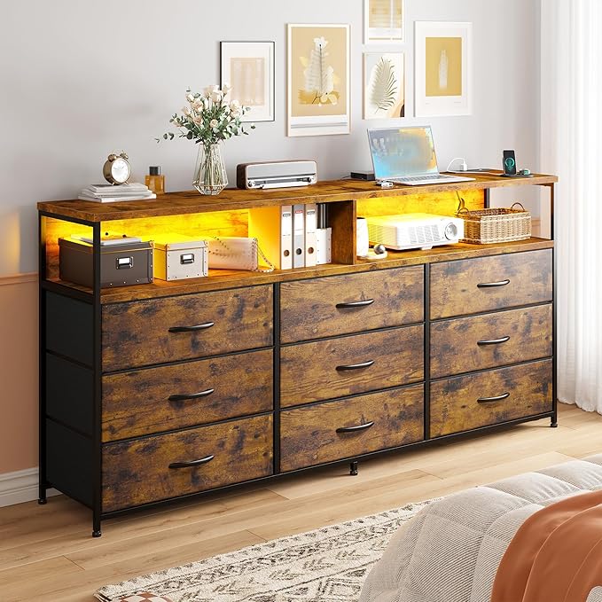 EnHomee 55” W Dresser for Bedroom with Charging Station & LED, 65" TV Stand for Bedroom with 9 Fabric Drawer & Open Storage Shelves for Closet, Rustic Brown, 11.81" D x 55.12" W x 35.43" H