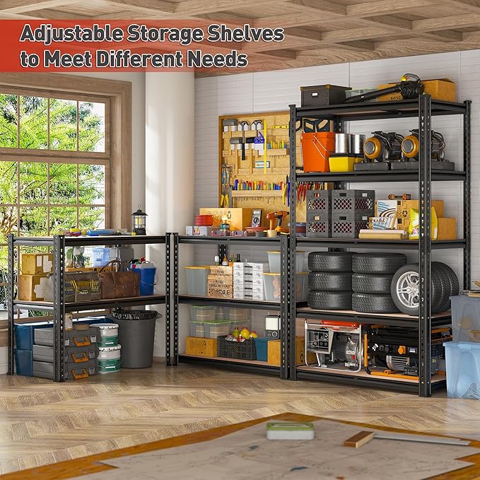 REIBII 2020LBS Storage Shelves 5 Tier Garage Shelving Heavy Duty, Adjustable Metal Shelving Unit, Garage Shelves for Basement Warehouse Pantry, 72" H x 35.55" W x 16" D, Black, 2 Pack