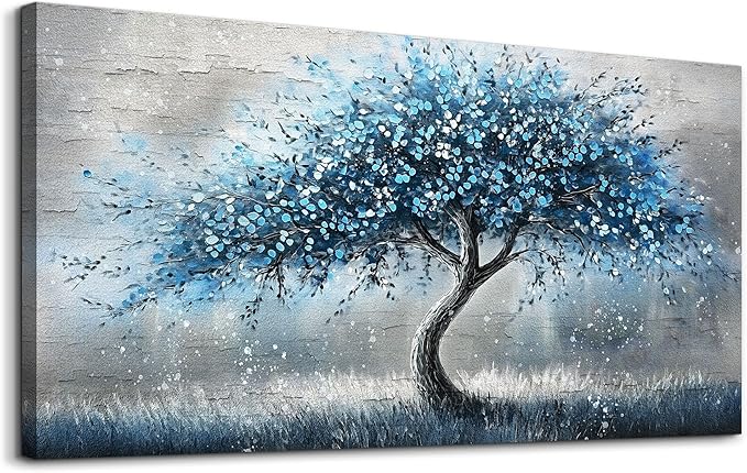 hyidecorart Wall Art For Living Room Wall Decor For Bedroom Abstract Canvas Painting Blue Tree Pictures Large Panoramic Landscape Artwork Office Decorations Modern Posters Ready To Hang Home Decor
