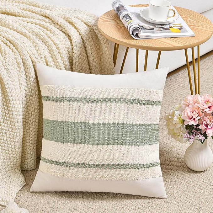 Fancy Homi Set of 2 Sage Green Boho Decorative Throw Pillow Covers 20x20 Inch for Living Room Bedroom Couch Bed Indoors, Rustic Retro Cushion Case, Bohemian Room Home Decor