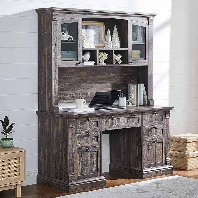 OKD 60" Executive Desk with Hutch and Drawers, Farmhouse Home Office Desk with Charging Station, Keyboard Tray, File Cabinet Storage, Wood Computer Desk for Work and Study, Dark Rustic Oak