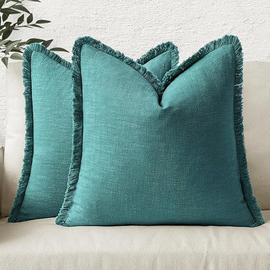 MIULEE Decorative Throw Pillow Covers Neutral Linen Fringe Throw Pillows Set of 2 Teal Boho Farmhouse Cushion Covers with Tassels for Couch Sofa Bed Living Room Spring Home Decor 20x20 Inch