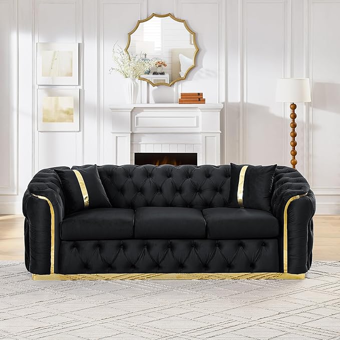 KEIKI 91" Luxury Oversized Velvet Chesterfield Sofa with Gold Stainless Steel Accents and 2 Pillows, Mid-Century Style 3-Seater Button Tufted Couch, Easy Assembly, for Apartment, Living Room, Black