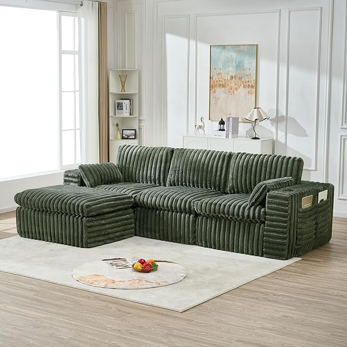 KEIKI 113'' Oversized Ribbed Chenille Modular Sectional with Ottoman, Deep-Seat Cloud Sofa with Cup Holder & Storage Pouch, Indoor Chaise Lounge Boneless Chair for Office, Studio & Creative Workspaces