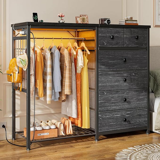 EnHomee 49.2" W Dresser for Bedroom with Hanging Rack 6 Drawers Dresser with LED Lights & Charging Station, Fabric Dressers & Chest of Drawers with Clothes Rack, Wooden Top, Grid Panel, Closet, Black