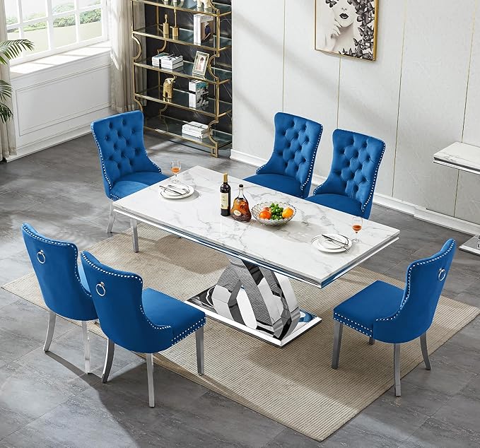 Goujxcy 68" Marble Dining Table Set for 6, Modern Rectangle Dining Room Table Set for 6, Luxury White Silver Marble Kitchen Table and Chairs Set of 6 for Living Room,Kitchen