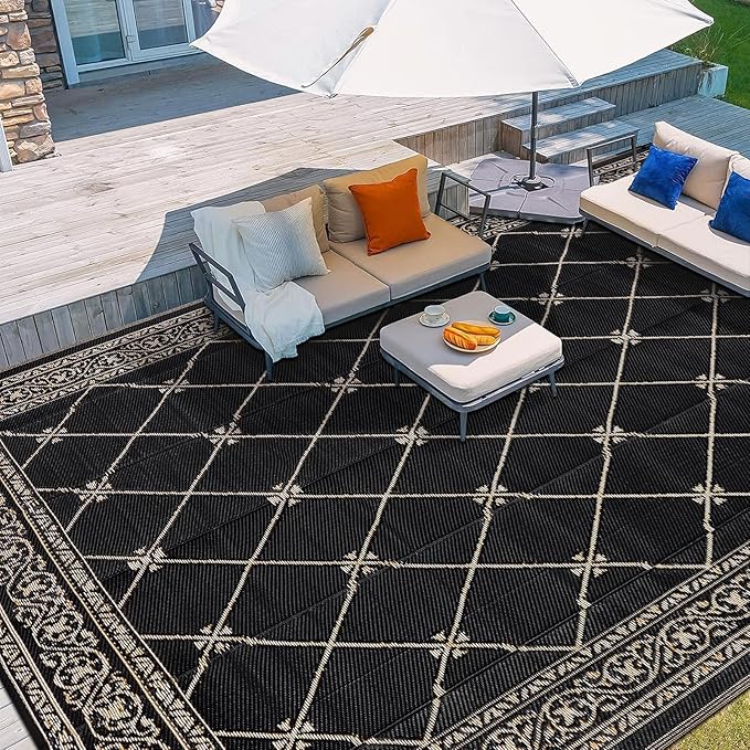 Outdoor Rug 8'x10' for Patios Waterproof Patio Rugs Outdoor Mats for Front Porch,Beach Mat,Reversible Plastic Straw Camping Rugs for Outside RV,Deck,Balcony,Backyard，Black&Beige