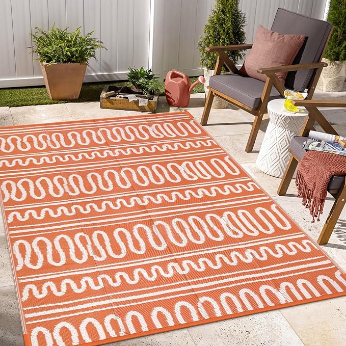 Beeiva Waterproof Outdoor Rug, 6x9 Plastic Outdoor Rug for Patio, Reversible Non Shedding RV Outdoor Mat for Deck, Balcony, Backyard, Porch, Camping, Picnic - Orange
