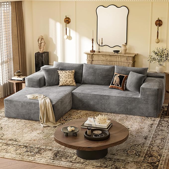 YESHOMY Sectional Couch, 108" Boneless Couches for Living Room, Modular Sectional Sofa with Deep Seat, Cloud Comfy Couch with L-Shape Chaise, No Assembly Required (Corduroy, Gray)