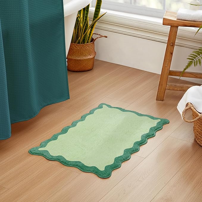 MONDAY MOOSE Bath Mat with Scalloped Wavy Ripple Design, Microfiber Absorbent Non Slip Tufted Rug for Floor, Shower or Kitchen (16x24 inch, Teal Green)
