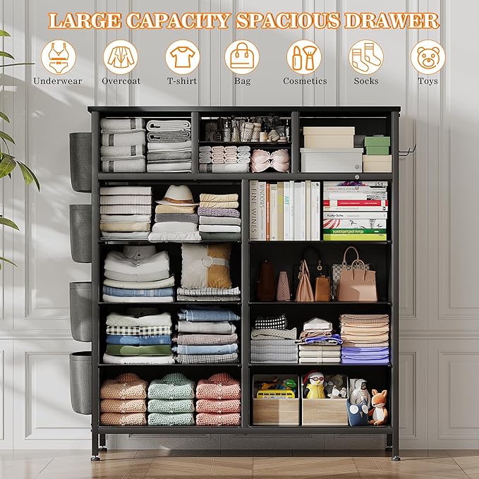 Lulive Black Dresser for Bedroom with 12 Drawers, Tall Dressers Chest of Drawers with Side Pockets and Hooks, Fabric Dresser Storage Tower for Closet, Hallway, Living Room (Black White Stripes)