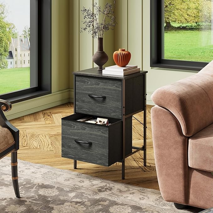 WLIVE Nightstand Set of 2, 2 Drawer Dresser for Bedroom, Small Dresser with 2 Drawers, Bedside Furniture, Night Stand, End Table for Bedroom, Dorm, Charcoal Black Wood Grain Print, Size L