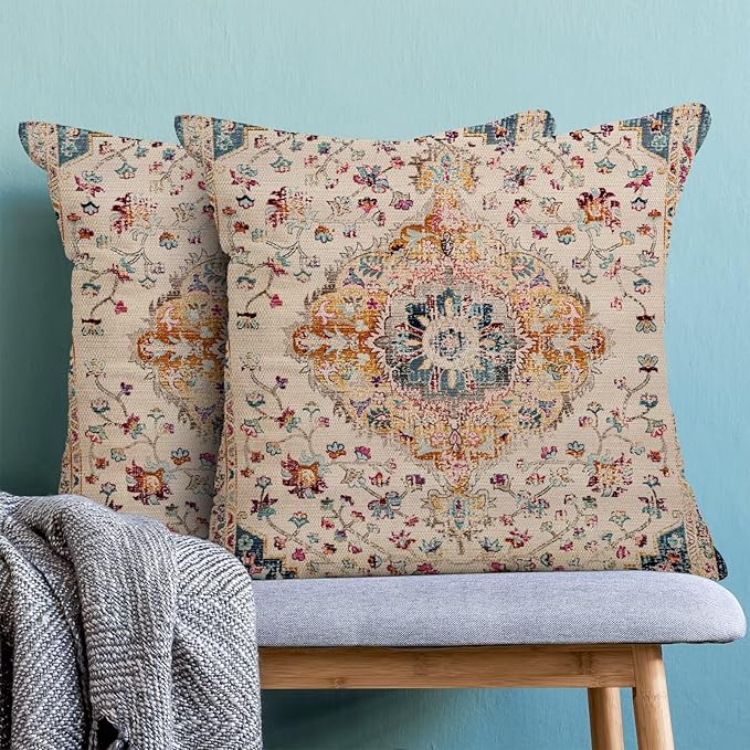 BETGINY Blue Orange Boho Throw Pillow Covers 20 x 20 Inch Pack of 2, Vintage Bohemian Carpet Pattern Decorative Pillow Cases Outdoor Ethnic Design Farmhouse Cushion Case for Home Sofa Decor
