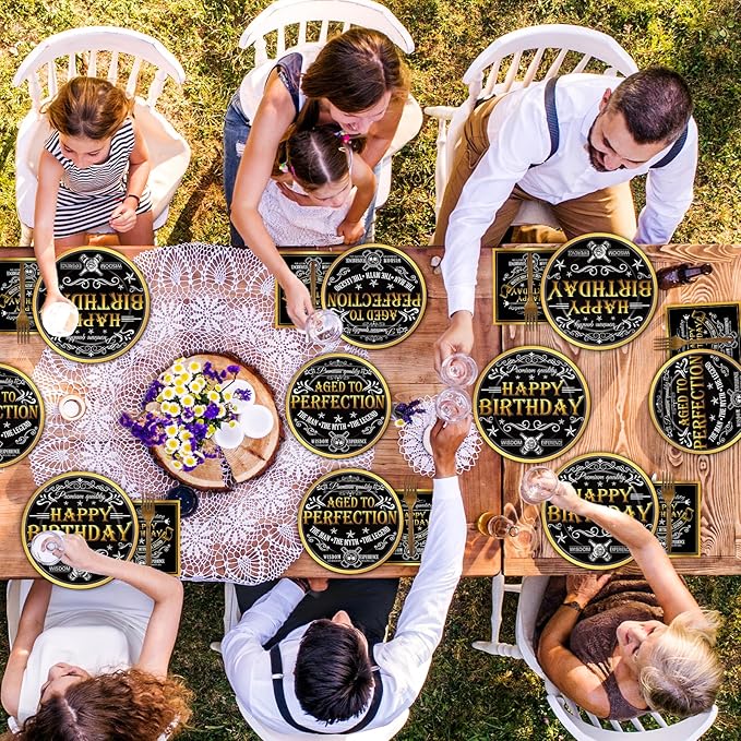 96 Pcs Aged to Perfection Birthday Party Plates Napkins Tableware Set Vintage Theme Birthday Supplies Disposable Dinnerware Black Gold Happy Birthday Party Decoration Favors for Men, 24 Guests