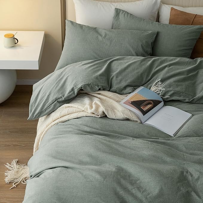 JIYUAN 100% Washed Cotton Duvet Cover Set 3 Pieces Alaska King, 1 Duvet Cover 132x120 Inches(Comforter Not Included) and 2 Pillowcases,Linen Feel Bedding Set Comfy and Breathable, Heathered Green